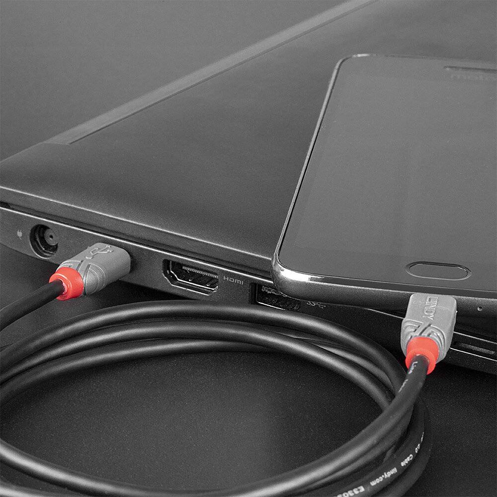 Smartphone oplades ved forbindelse til en bærbar computer via et USB-kabel.