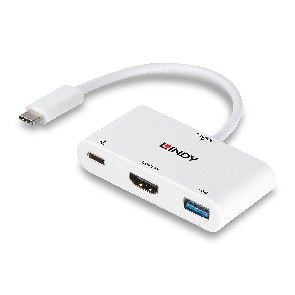 En hvid adapter med USB-C-indgang, HDMI-udgang og USB-port. Varemærkenavnet 'Lindy' på oversiden.