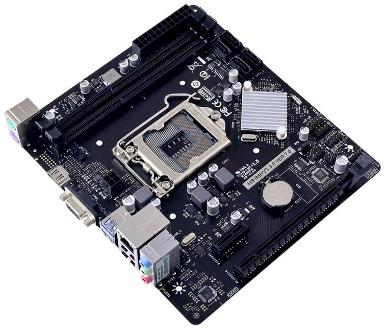 Sort bundkort med CPU-sokkel, RAM-slots, flere stik og kølelegemer de vigtigste komponenter i et computersystem.