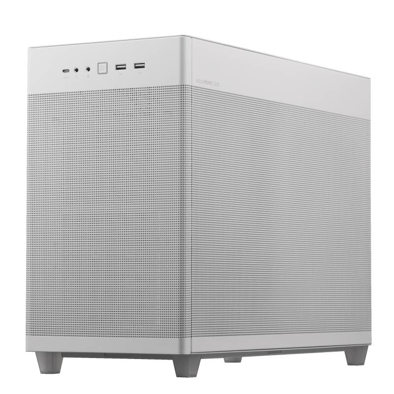 Et hvidt, firkantet computerkabinet med ventilationsgitre på siderne og tilslutninger i den øverste kant.