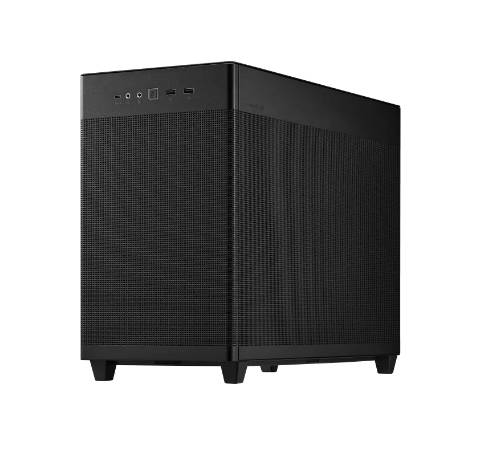 Et sort, kubisk computeretui med ventilationsgitre på siderne og tilslutninger øverst på forsiden.