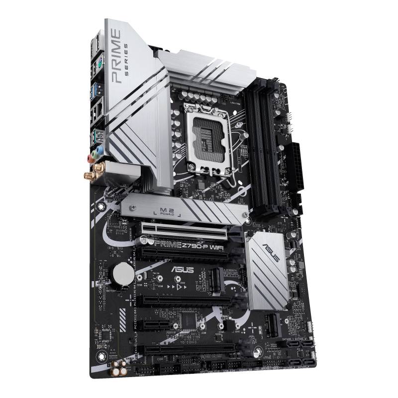 Bundkort ASUS Prime Z790-P WIFI, sølvfarvet design, LGA1700-sokkel, PCIe-slots, RAM-pladser, egnet til Intel-processorer.