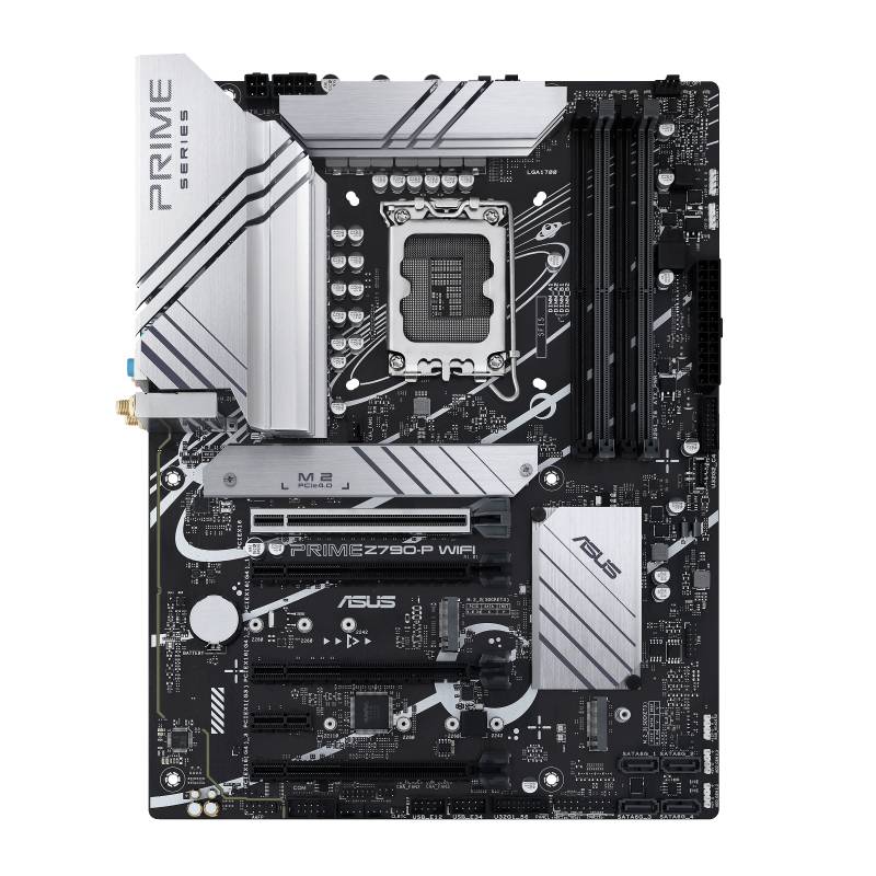 Et bundkort med forskellige stikpladser og tilslutninger. Sølvfarvede køleribber, sort PCB-design, mærke 'ASUS Prime'.