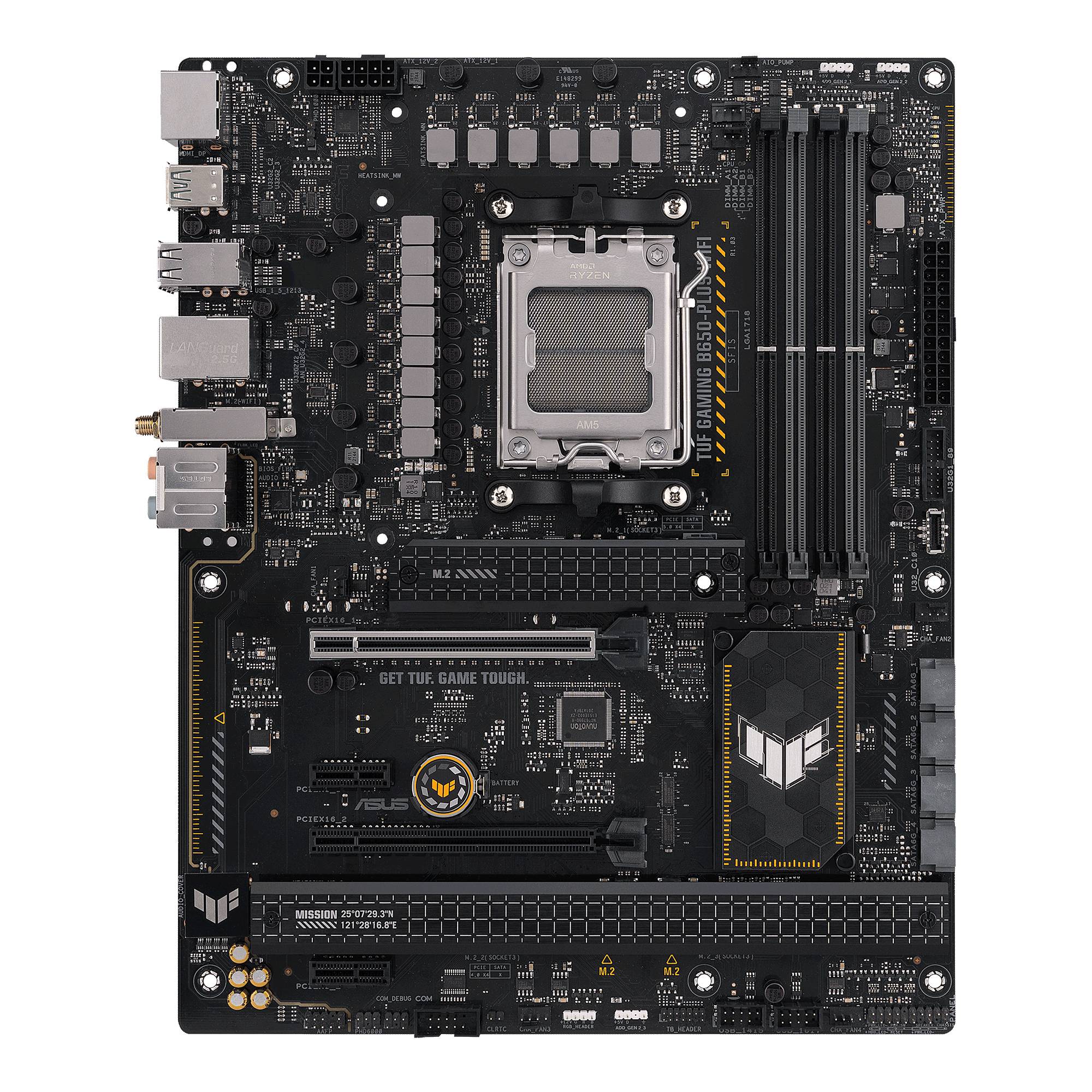 Et bundkort til en computer med forskellige stik og tilslutninger til CPU, RAM og periferiudstyr. Indeholder logoet for en gaming-serie.