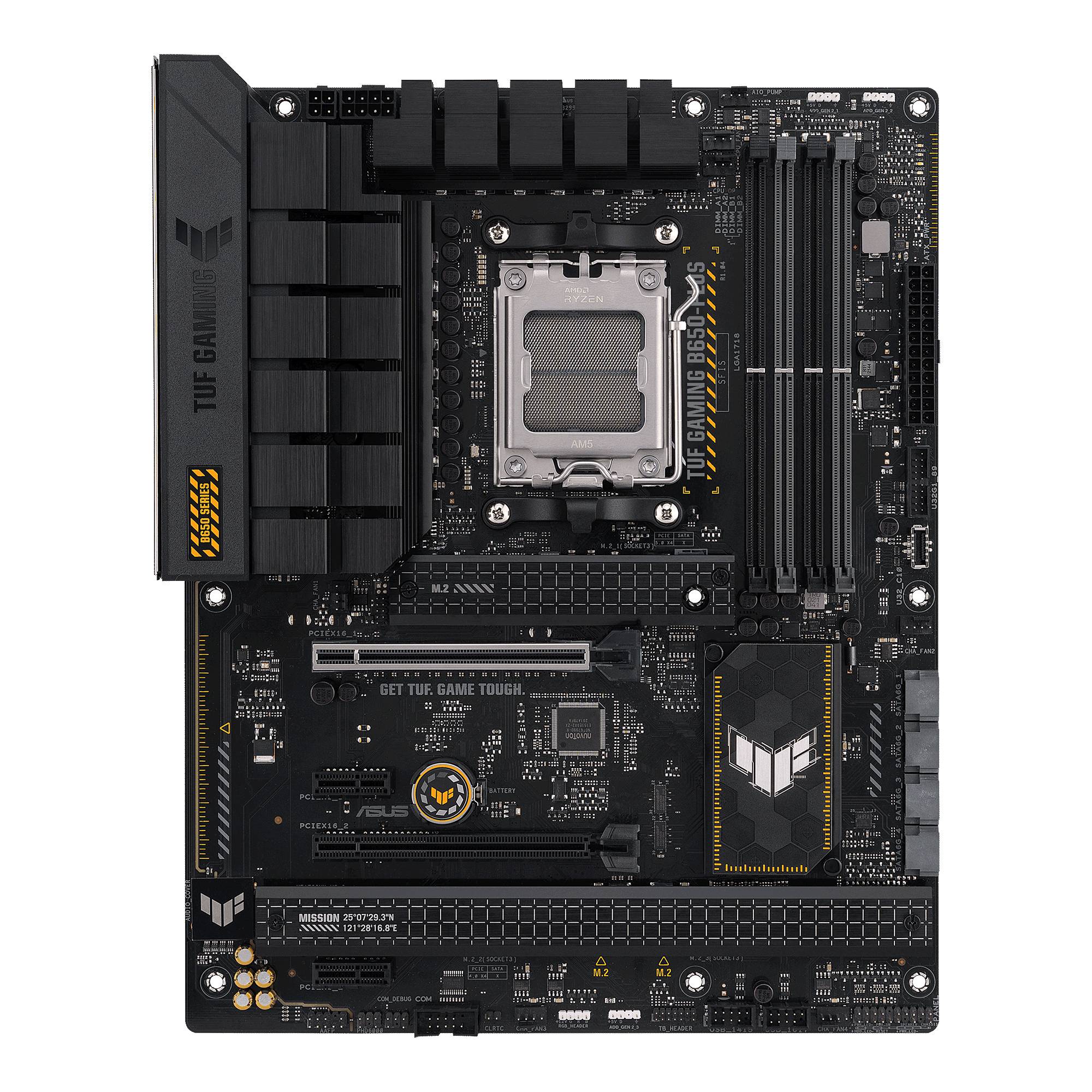 Et sort bundkort med påskriften 'TUF Gaming', CPU-sokkel i midten, RAM-slots til højre og forskellige tilslutninger.