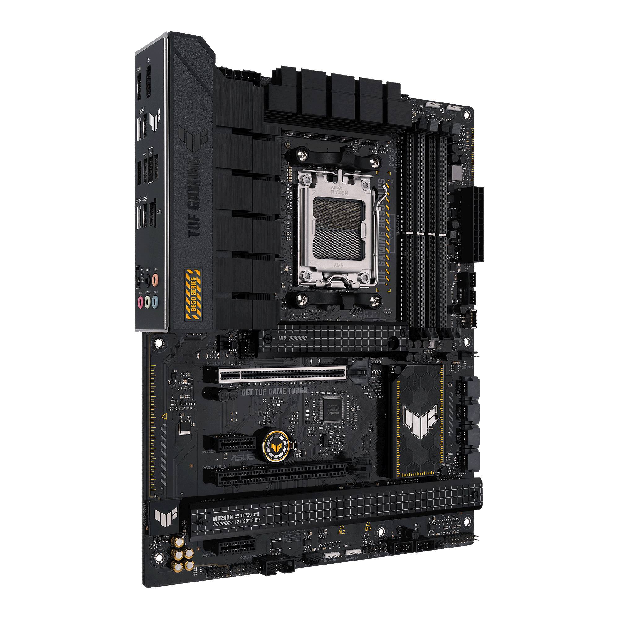 Et sort computer-bundkort med flere stik og komponenter. Mærkningerne antyder gaming-design.