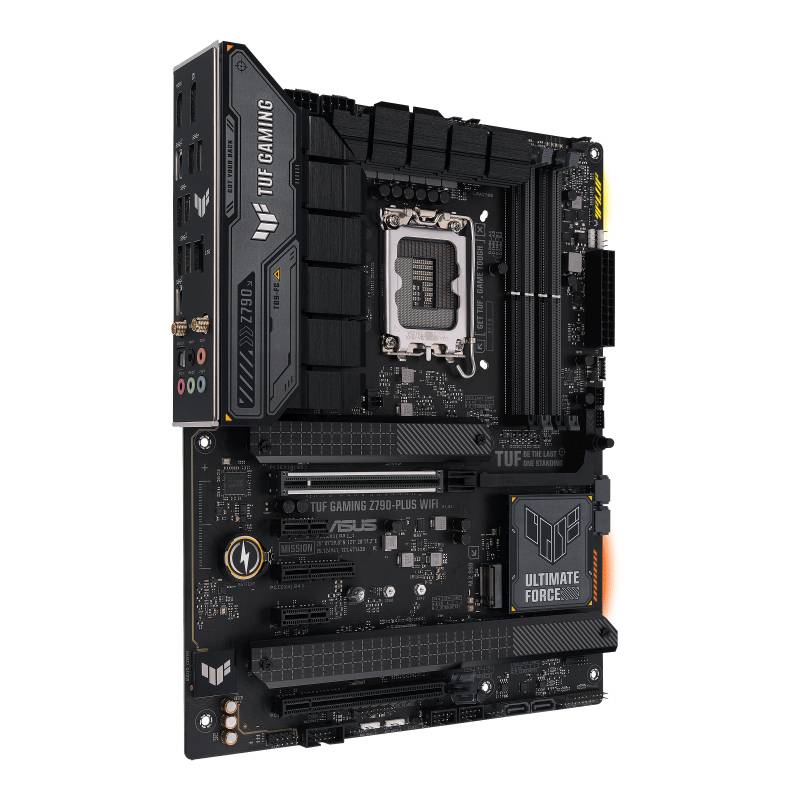 Et sort ASUS TUF Gaming Z790-Plus WiFi-bundkort. Viser tilslutninger og stik, egnet til kraftfulde gaming-pc'er.
