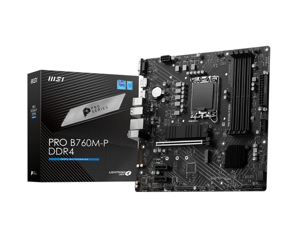 MSI PRO B760M-P DDR4-bundkort ved siden af emballagen. Sort PCB med forskellige elektroniske komponenter og tilslutninger.