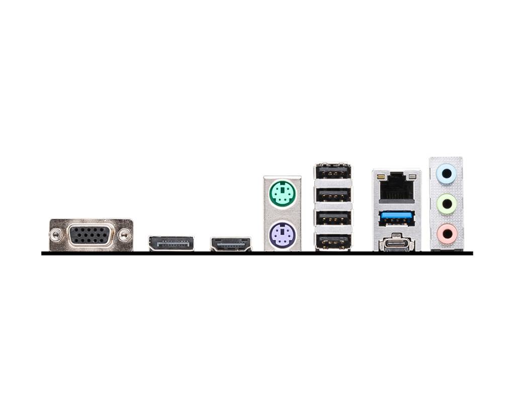 Et computer-bundkort med forskellige tilslutninger: VGA, HDMI, DisplayPort, PS/2, USB, Ethernet og lydstik.