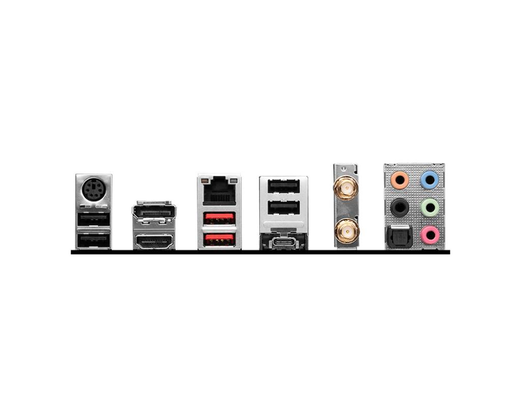 Tilslutninger på bagsiden af et computer-bundkort, herunder USB, HDMI, LAN, lyd og andre porte til forskellige forbindelser.