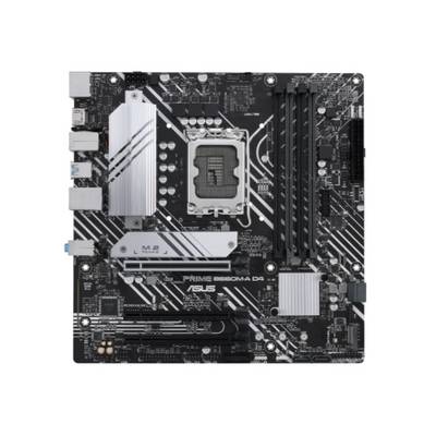 Bundkort med forskellige tilslutninger og stik, herunder CPU-sokkel, fire RAM-stik, PCIe-stik og USB-porte.