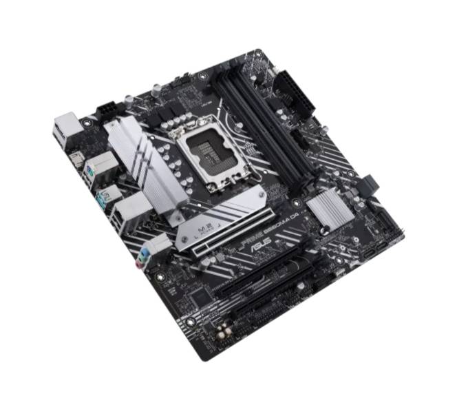 Et sort computer-bundkort med flere stik og en CPU-sokkel i midten.