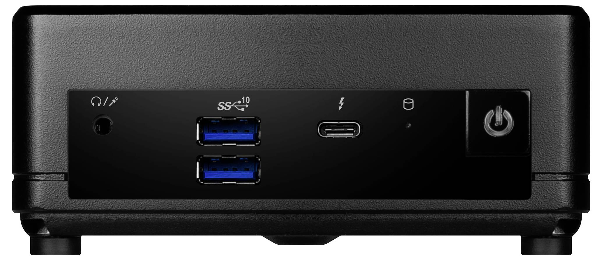En sort mini-pc med USB- og USB-C-porte på forsiden, hovedtelefonudgang og mikrofonindgang samt en netafbryder.