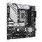Computermainboard med sort og sølvfarvet design, viser stik til CPU, RAM, PCIe og tilslutninger til periferiudstyr.