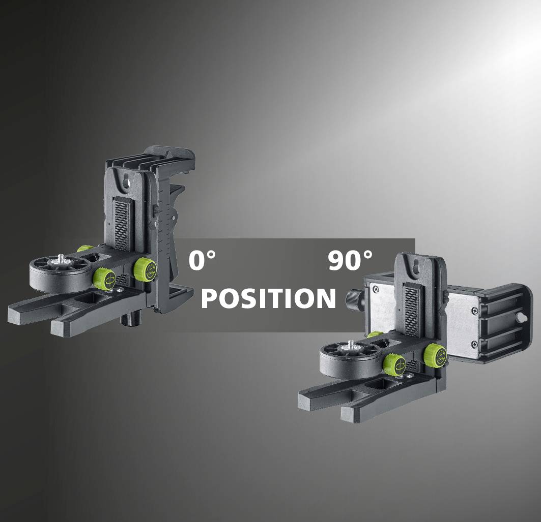 To viste enheder demonstrerer deres justerbarhed: til venstre i 0°-position, til højre i 90°-position. Teksten 'POSITION' mellem enhederne.