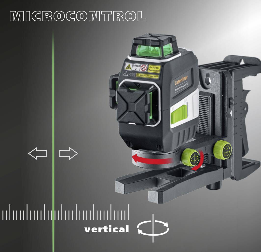 Et lasermåleinstrument med grøn laserlinje og vertikal retning. Hovedfunktionerne er justerbare pile og et målelinjal.