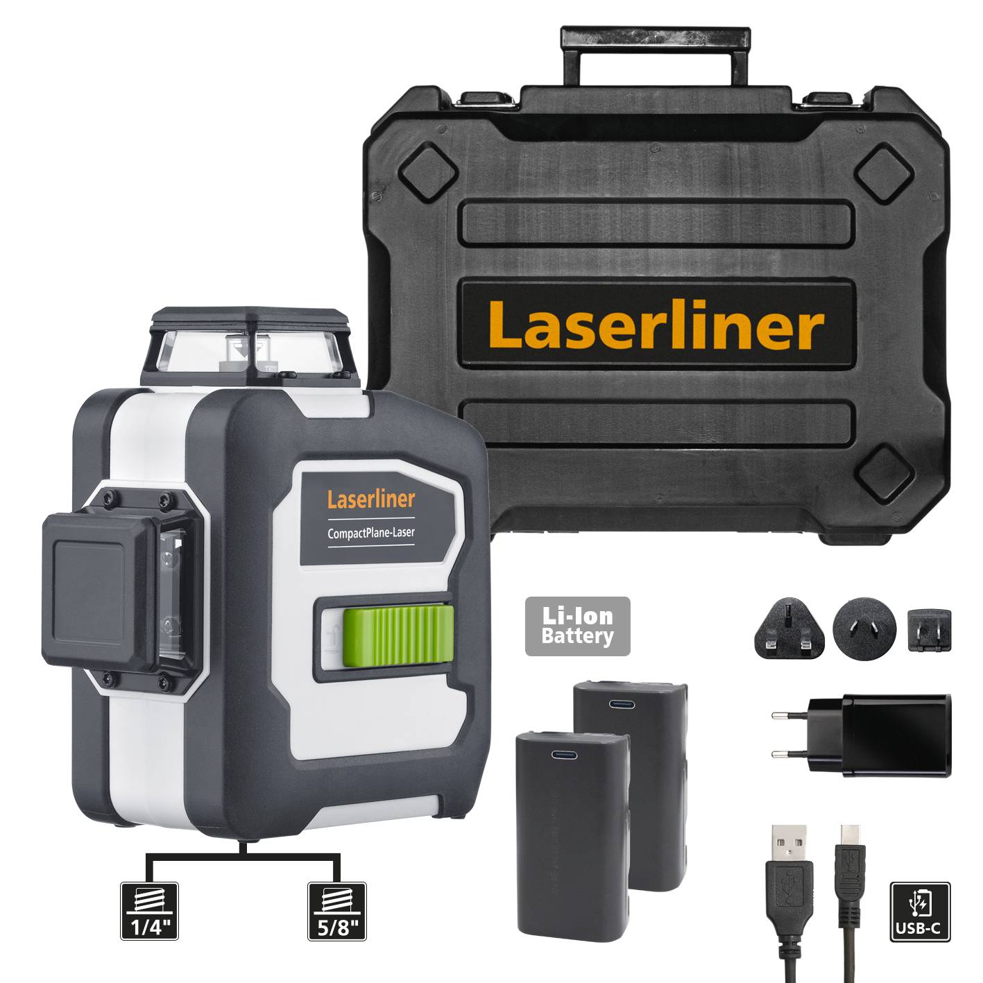 Kompakt laser med 360°-linjeprojektion, inklusive Li-Ion-batterier, USB-C-opladningskabel og plastiketui.