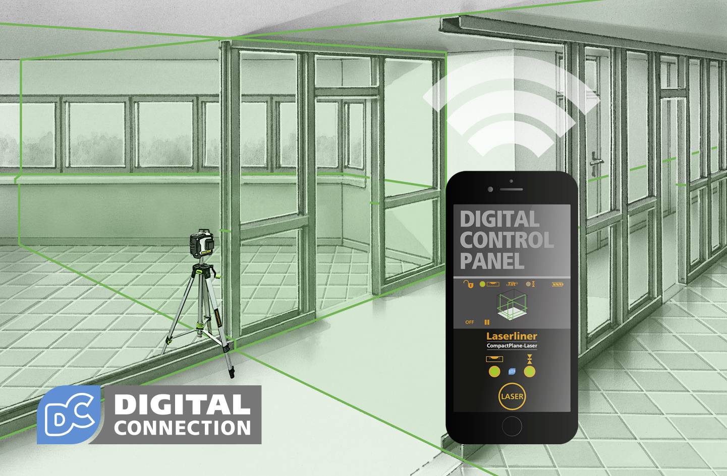 Laser-afstandsmåler i et rum, forbundet med en smartphone, der viser appen 'Digital Control Panel'.