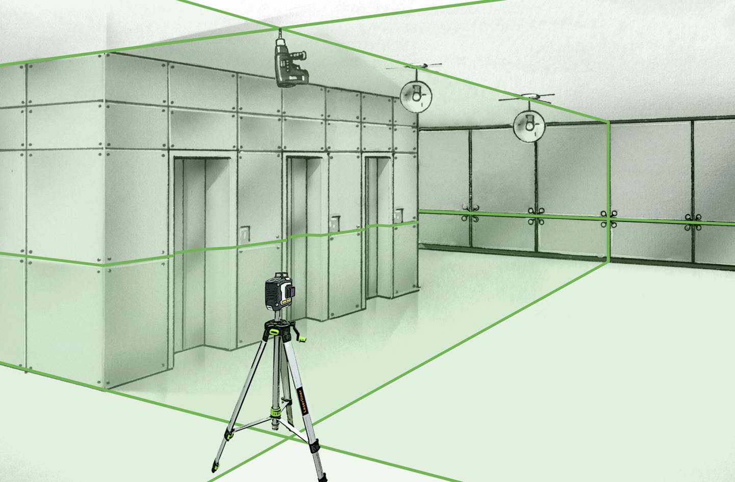 Et kamera monteret på et stativ i et tomt, industrielt rum med ventilationssystem. Scenen signalerer overvågning og teknologi.