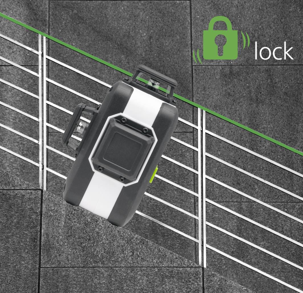 En sort enhed med en hvid stribe er fastgjort til et gelænder. Øverst til højre er der et symbol med en grøn lås med ordet 'lock'.