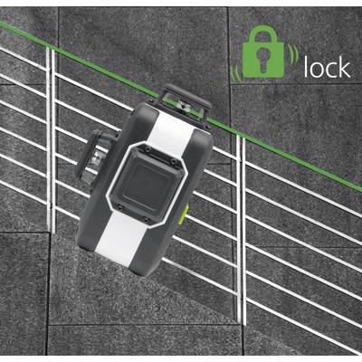 En sort enhed med en hvid stribe er fastgjort til et gelænder. Øverst til højre er der et symbol med en grøn lås med ordet 'lock'.