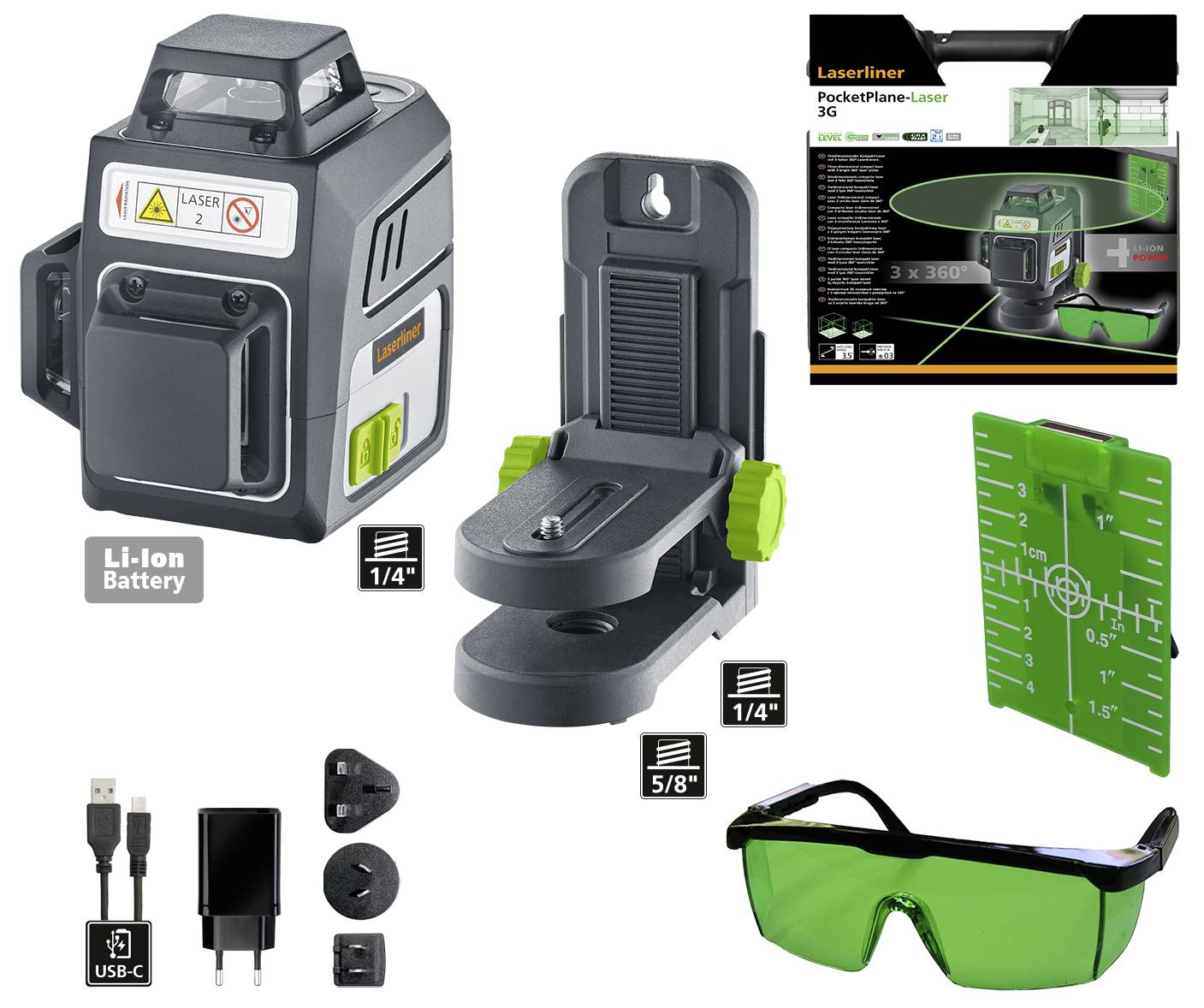 Laserliner PocketPlane-Laser sæt med laserapparat, beslag, oplader, USB-kabel, måltavle og beskyttelsesbriller. Ideel til byggearbejde.