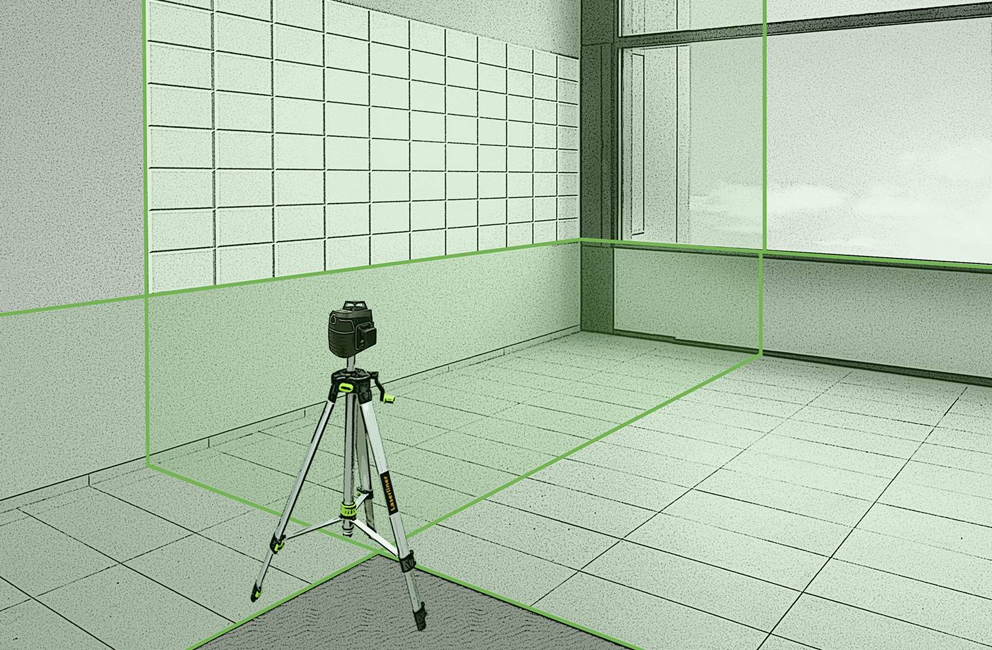 Et kamera på et stativ scanner et tomt rum med flisegulv og en væg med firkantede markeringer.