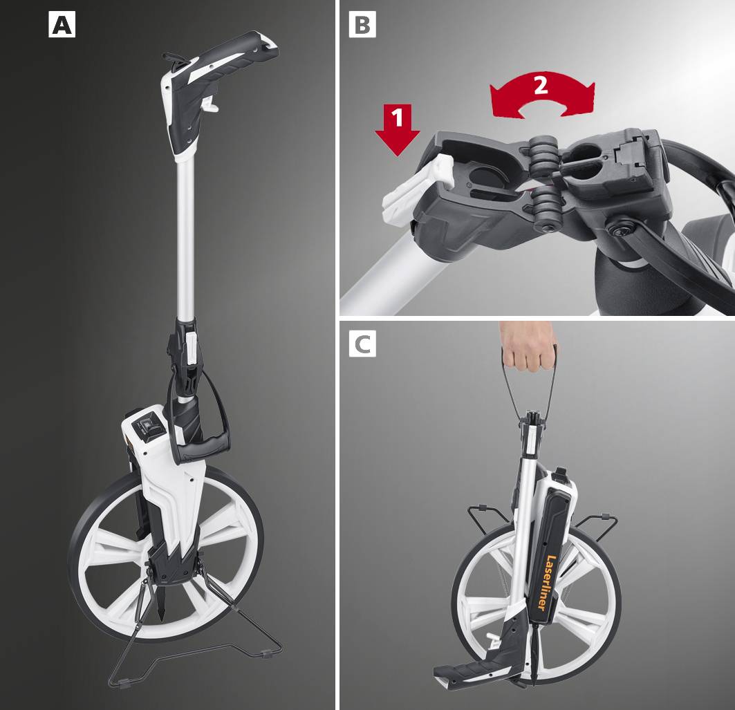 Figuren viser et målehjul (A) med ergonomisk håndtag, en foldemekanisme (B) og den kompakte transportposition (C).