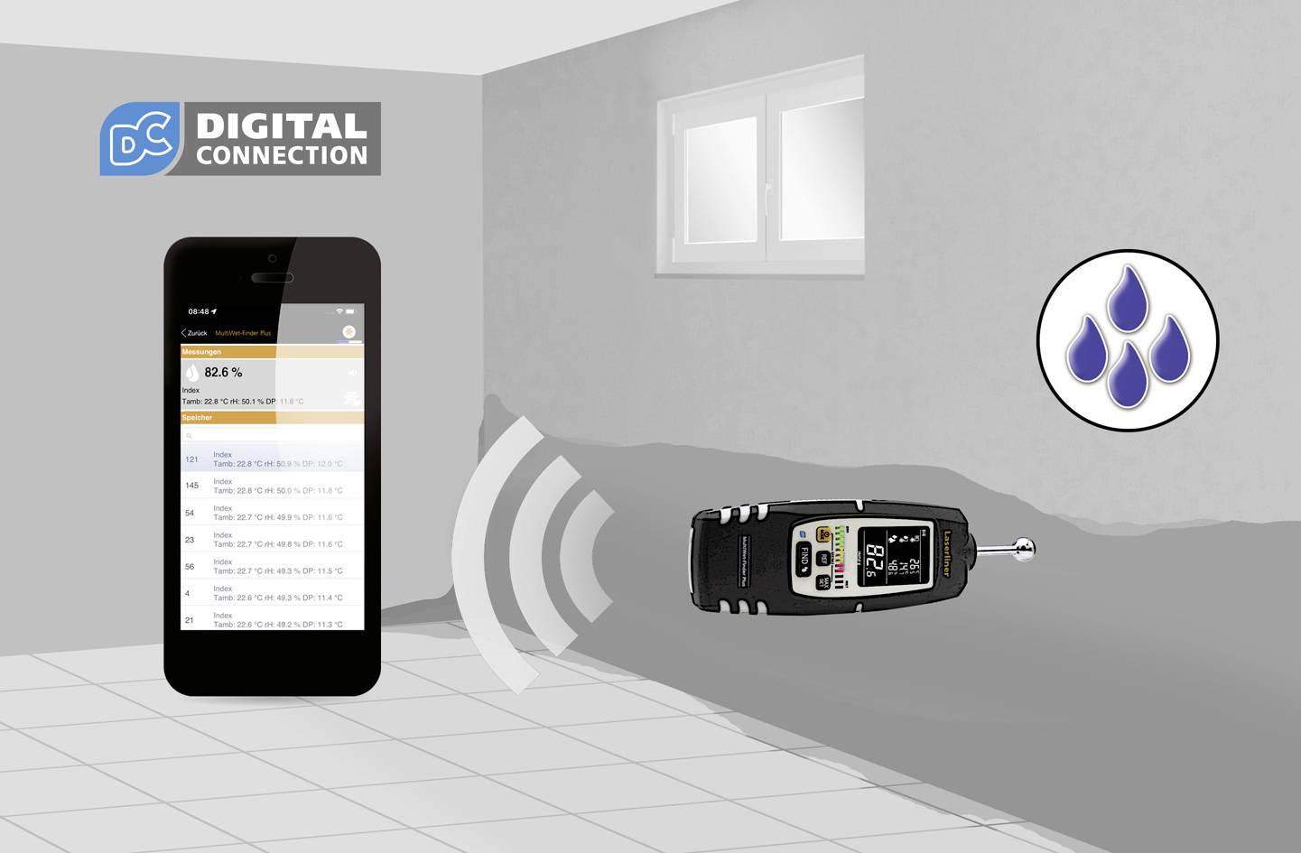 Et fugtighedsmåleapparat sender data til en smartphone med påskriften 'Digital Connection'. Et symbol viser vanddråber.
