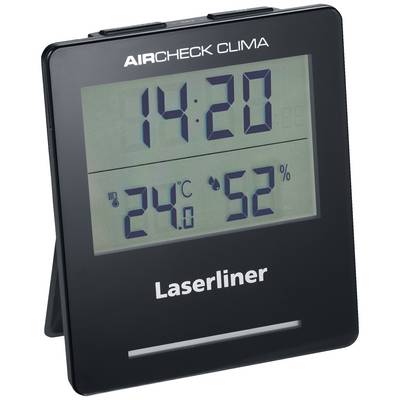 Sort bordtermometer viser '14:20', '24°C' og '52%' for henholdsvis tid, temperatur og luftfugtighed. Mærke: Laserliner.