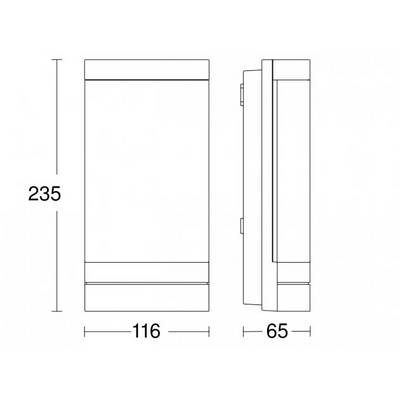Figuren viser to perspektiver af en rektangulær enhed med følgende dimensioner: højde 235 mm, bredde 116 mm, dybde 65 mm.