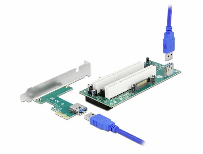 Et grønt PCIe-riserkort med to hvide slots og en USB 3.0-forbindelse. Et blåt USB-kabel er tilsluttet.