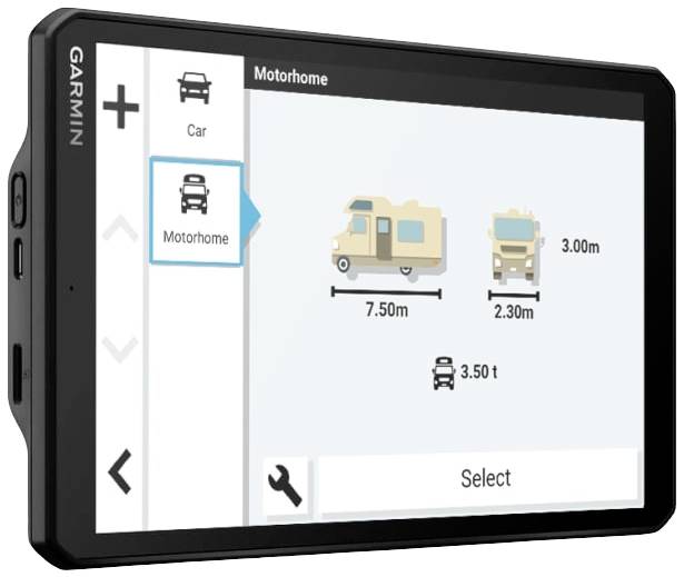 Billedet viser et GPS-navigationssystem med en menu til valg af køretøjstyper. 'Autocamper' er valgt, med dimensioner på 7,50 m længde, 2,30 m bredde og 3,00 m højde.