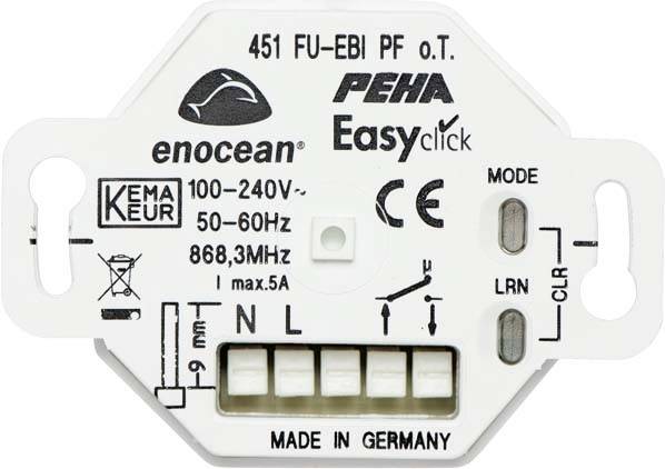 Radiobetjent modtager med mærkater 'enocean', 'PEHA Easyclick', Spænding 100-240V, Frekvenser 50-60Hz, 868,3MHz. Fremstillet i Tyskland.
