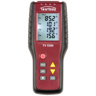 Et rødt digitalt termometer med fire temperaturvisninger (T1 til T4) viser temperaturer i grader Celsius.