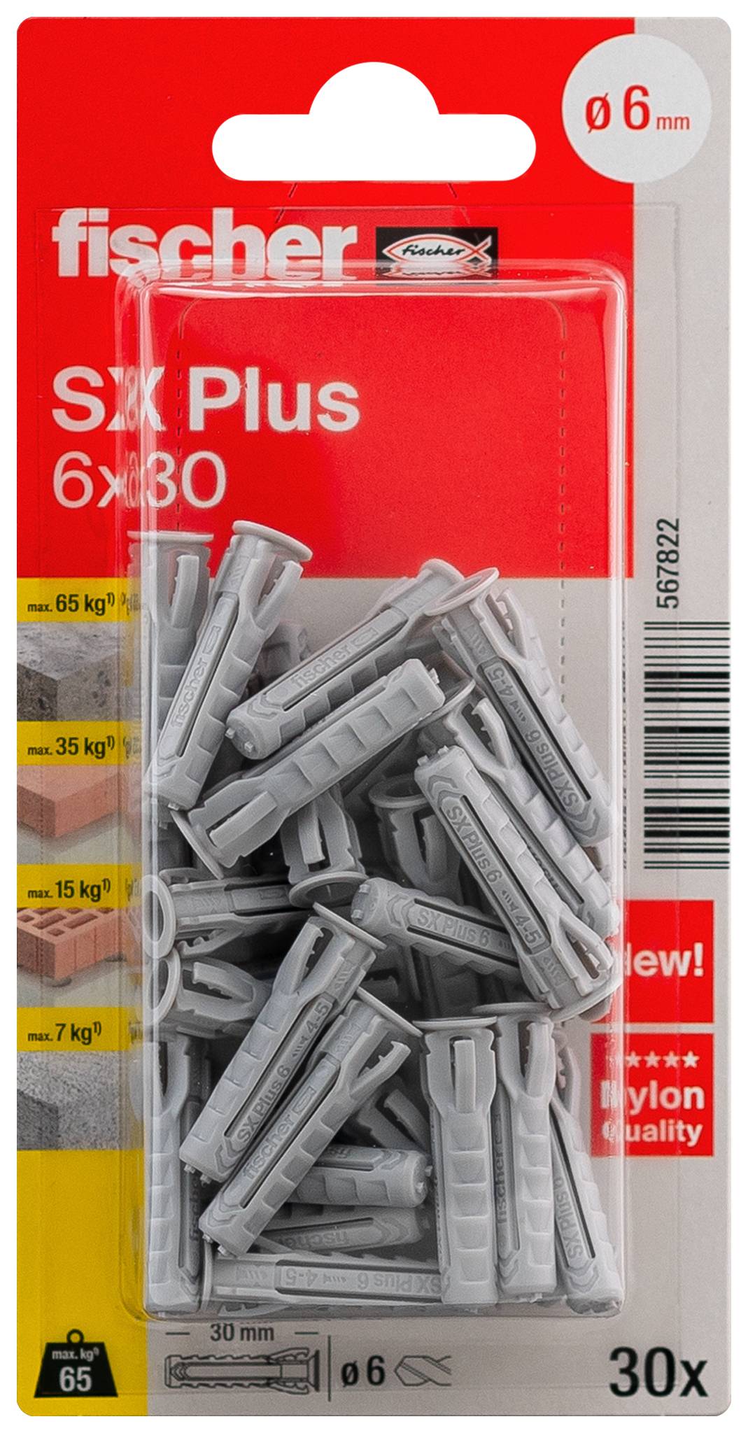 Pakke med Fischer SX Plus væganker, 6 x 30 mm, 30 styk, med klar forside, der viser grå plastanker på rød og grå emballage.