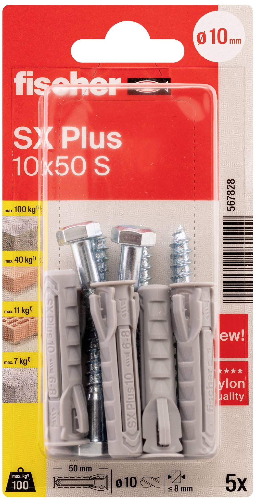Fem grå rawplugs 'SX Plus 10x50 S' og matchende skruer fra mærket 'fischer'; egnet til belastninger op til 100 kg. Inkluderer monteringsvejledning.