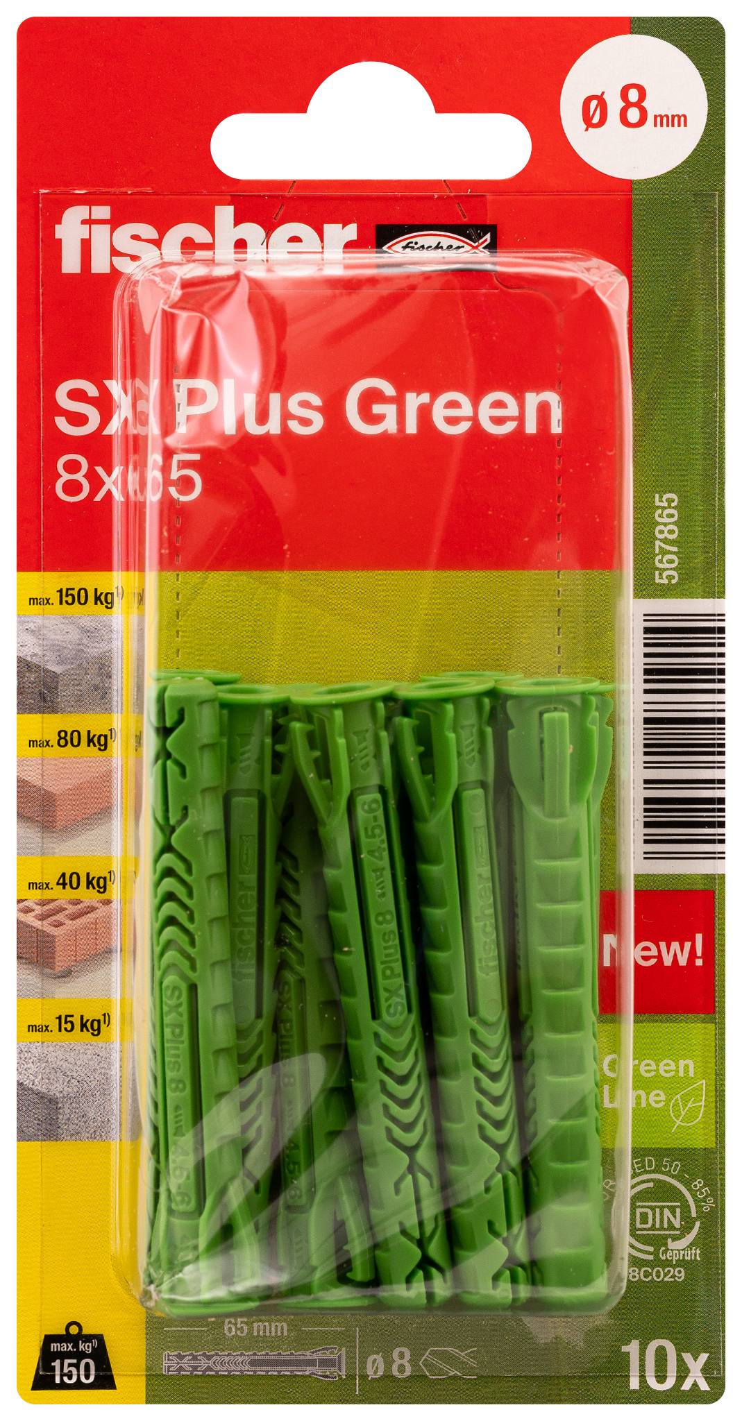 Pakke med Fischer SX Plus Green vægtplafonger, størrelse 8x65 mm, 10 stk., for op til 150 kg belastning, vist i rød, gul og grøn emballage med produkttekst og stregkode