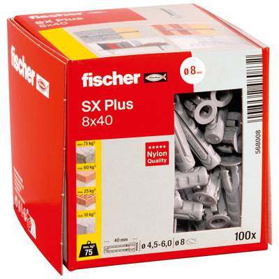 Kasse med Fischer SX Plus 8x40 nylon vægplugs, viser et vindue med grå ankre og produktbelastningsklassificeringer til boring og fastgørelse.
