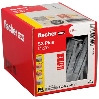 Pakke med Fischer SX Plus 14x70 væganker, æske med 20 stk., med produktbillede og belastningsvurderinger på etiketten.