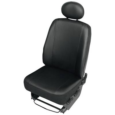 Et sort bilsæde med nakkestøtte og armlæn. Sædet har en glat overflade og ser ud til at være ergonomisk udformet.