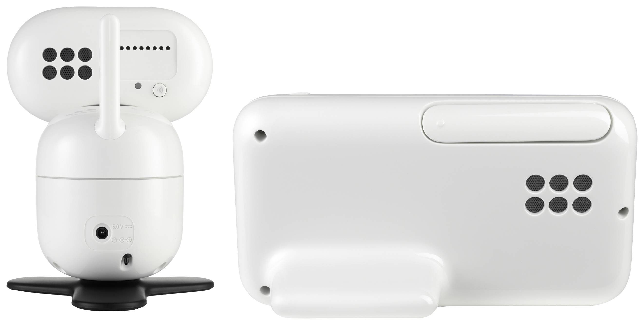 Hvid smart home-kamera med afrundet form og antenne på bagsiden, viser tilslutninger og et højttalergitter.