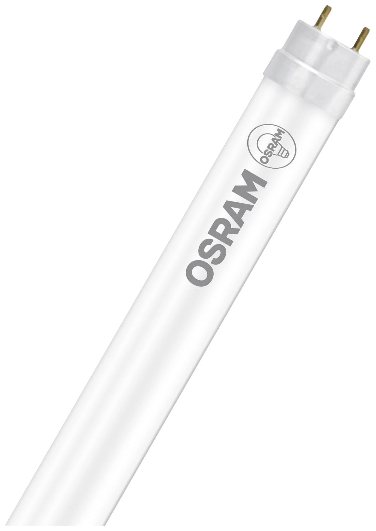 LED-lysstofrør med påskriften 'OSRAM', to synlige stifter i den ene ende, til energibesparende belysning.