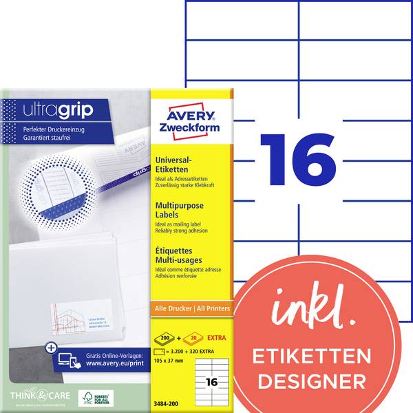 Avery-Zweckform 3484-200 Universelle etiketter 105 x 37 mm Papir Hvid 3520 stk Permanent vedhæftningsevne Laserprinter, Farvelaserprinter