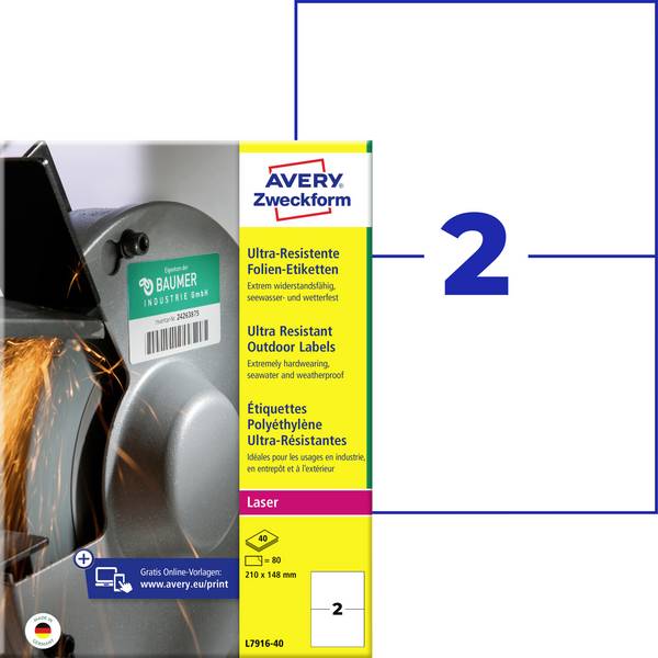 Avery-Zweckform L7916-40 Universelle etiketter 210 x 148 mm Polyetylenfolie Hvid 80 stk Permanent vedhæftningsevne Farvelaserprinter, Laserprinter