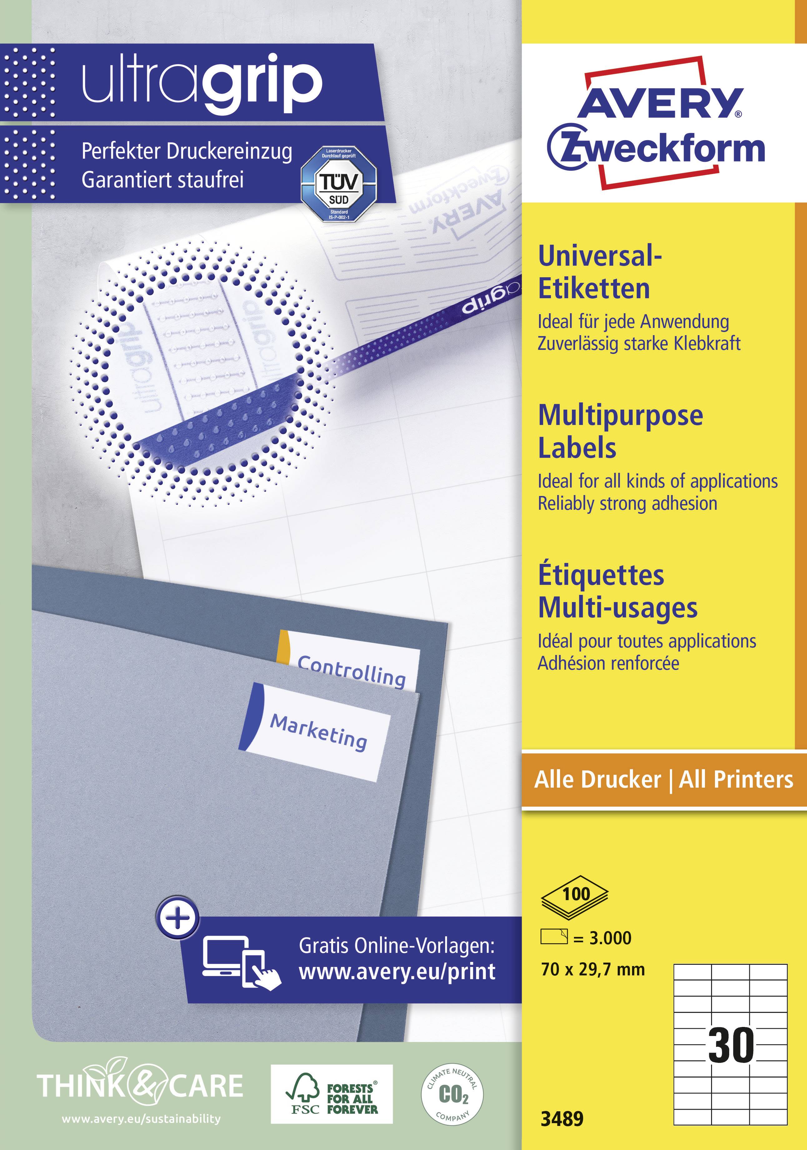 'Fremvisning af Avery Zweckform etiketetemballage med blå og gule etiketter. Velegnet til printere, format 70 x 29,7 mm.'