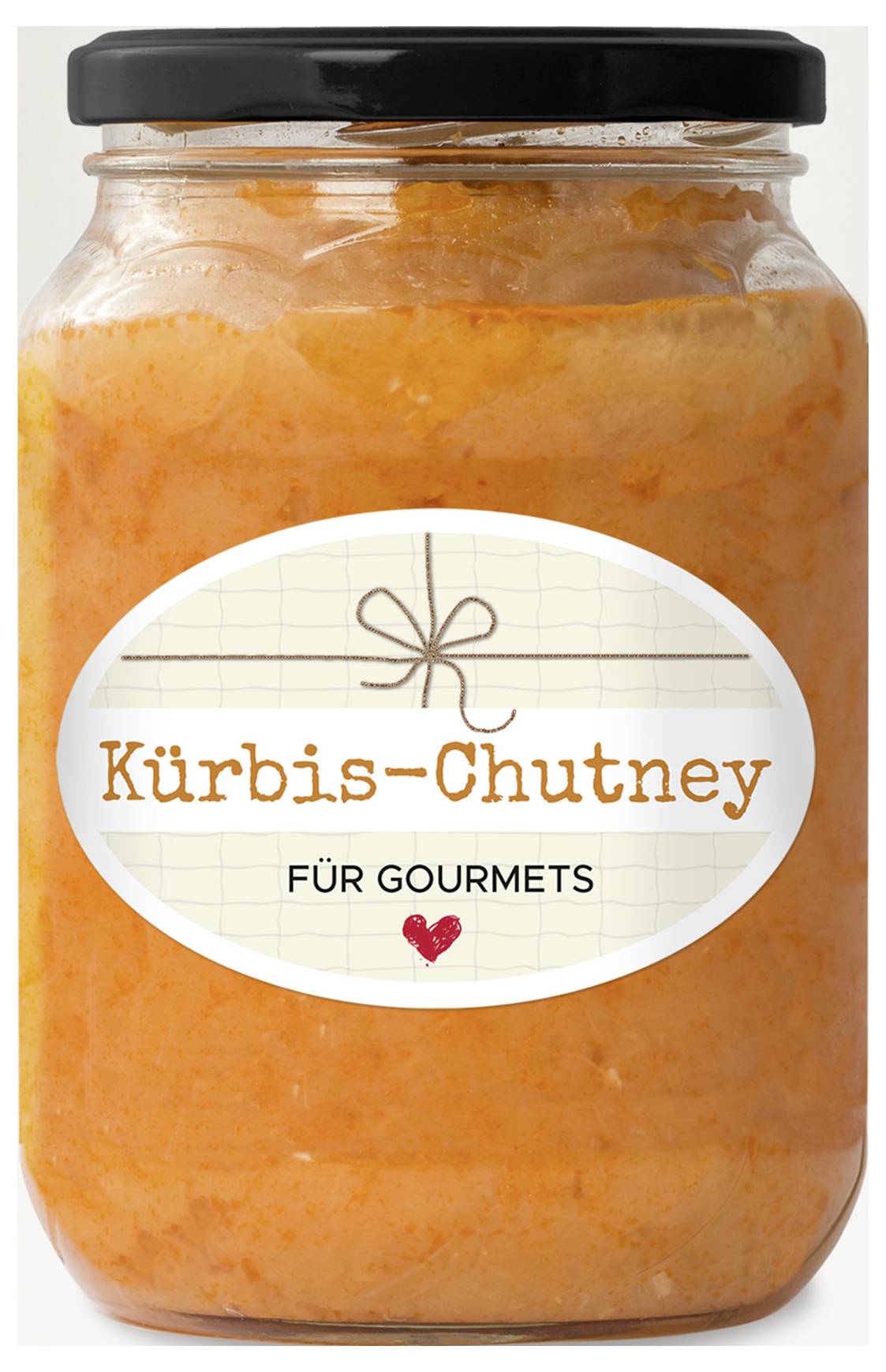 Et glas med orange palsternakchutney og sort låg, etiket med teksten "Palsernakchutney" og "TIL GOURMETER".