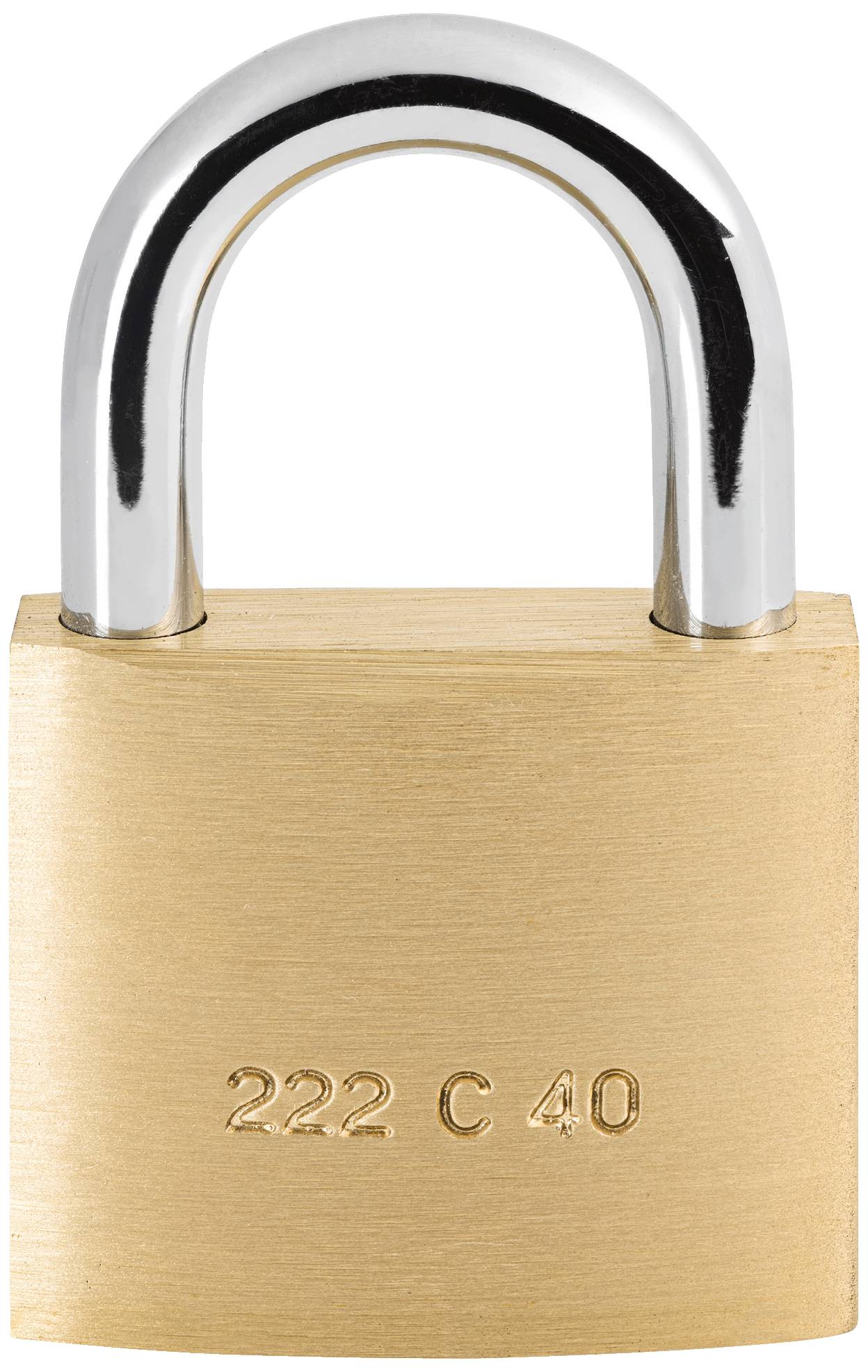 Et messingcylinderlås med gravuren '222 C 40' på forsiden.