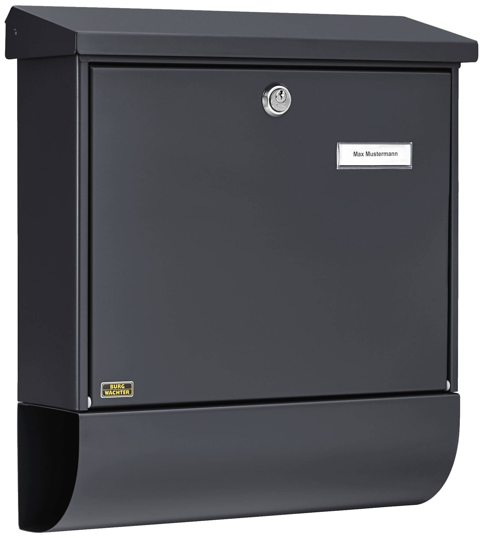 En sort postkasse med navneskilt 'Max Mustermann' og lås. Under hovedområdet er der et avisrum.