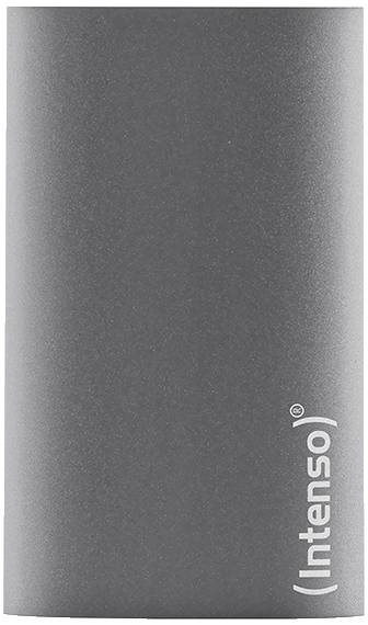 En grå powerbank med mærkenavnet 'Intenso' trykt lodret, en enkel cylinderformet form uden synlige tilslutninger.